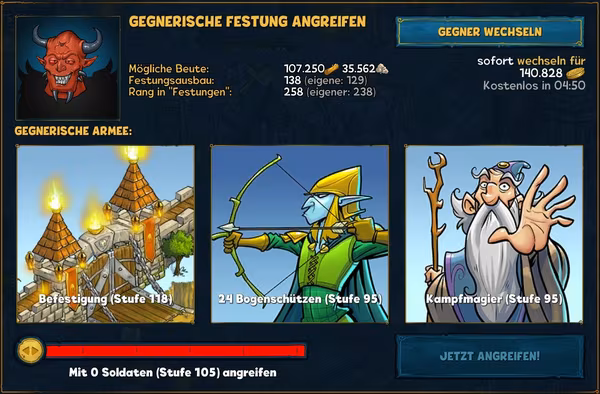 Übersicht zum Festungsangriff in Shakes und Fidget.