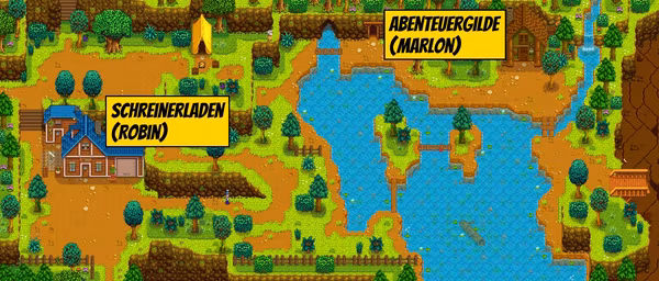 Karte der nördlichen Stadt in Stardew Valley mit Schreinerladen, Mine und Abenteuergilde