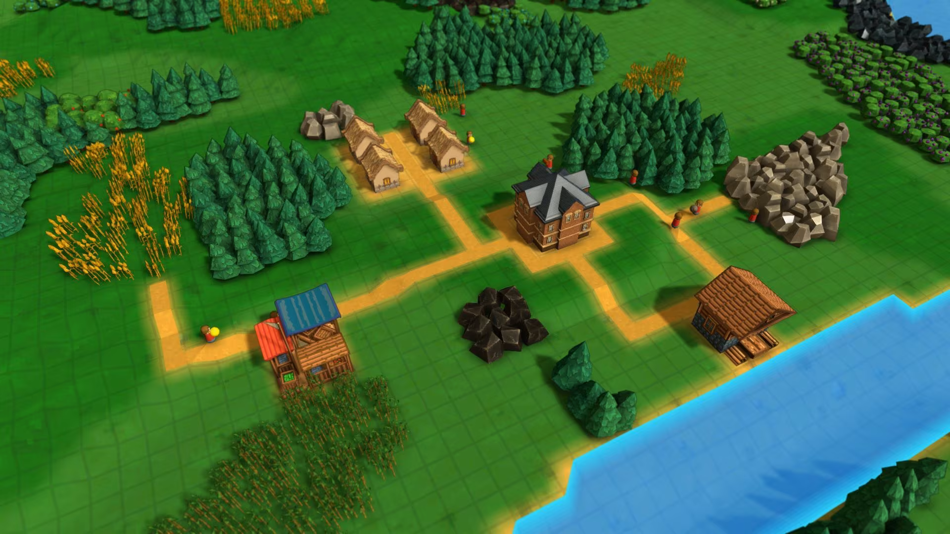 Kleine Stadt in Factory Town mit Marktplatz, Häusern und Sägemühle.