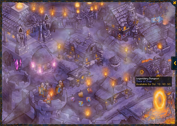 Stadtübersicht in Shakes and Fidget Halloween 2020 inklusive Legendary Dungeon