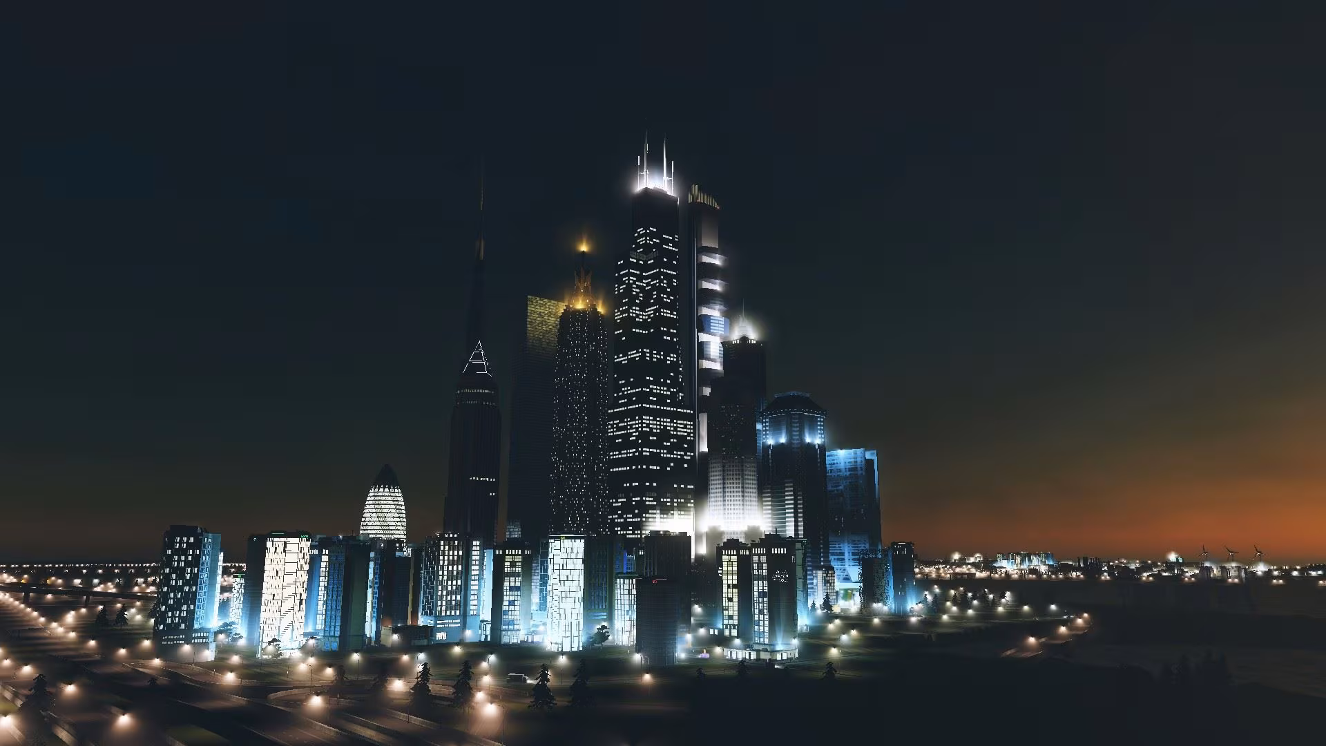 Screenshot aus Cities Skylines: Die Skyline der Stadt bei Nacht.