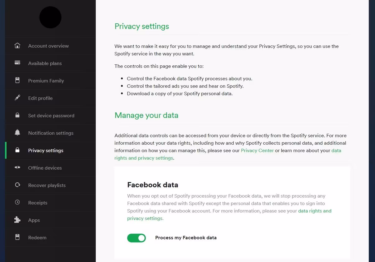 Privatsphäre Einstellungen des Spotify Accounts.