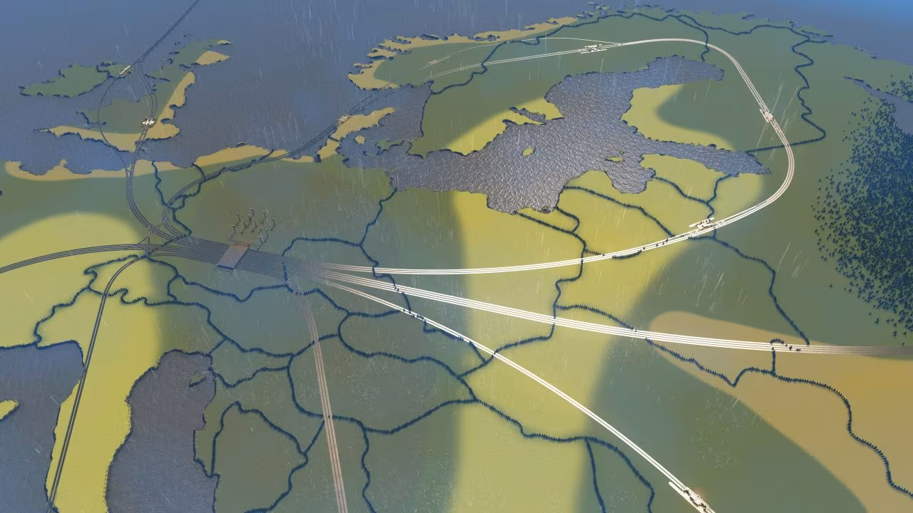 Screenshot aus Cities Skylines: Ansicht auf das verzweigte Zugnetzwerk, das sich über die Europakarte erstreckt. In der Mitte der Karte sammeln sich alle Gleise.